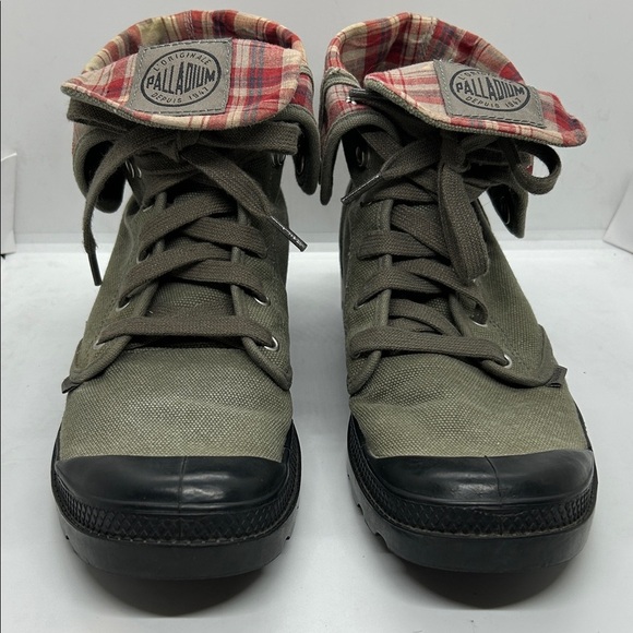 Palladium Other - Palladium Baggy Olive Canvas w Red Plaid Fold Over Lace-Up Boots - Men’s Size 9